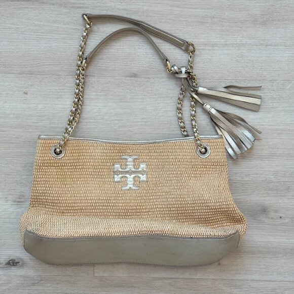 Tory Burch Handbags - Tory Burch Woven Shoulder Bag Purse Tote Gold Accents Tassels Natural